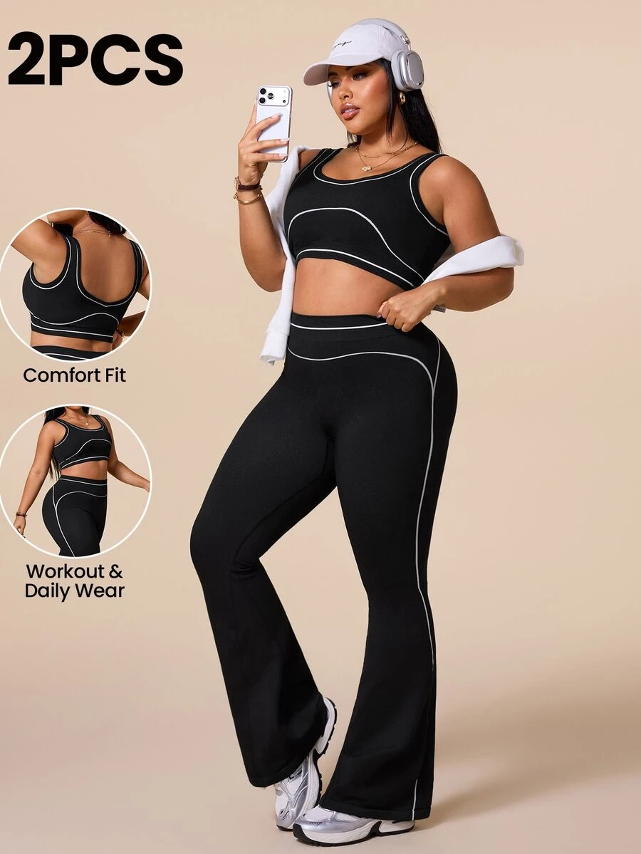 SHEIN Rhythm Era Women's Plus Size 2-Piece Colorblock Sports Set, V-Neck Backless High-Impact Sports Bra And Comfortable Casual Leggings - Black - View 1