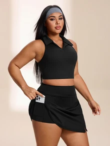 SHEIN Rhythm Era Women's Plus Size Solid Color Cropped Tank Top And Skort Sports Set Gym Active Black Summer - Black - View 3