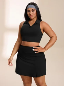 SHEIN Rhythm Era Women's Plus Size Solid Color Cropped Tank Top And Skort Sports Set Gym Active Black Summer - Black - View 4