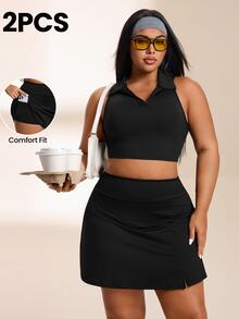 SHEIN Rhythm Era Women's Plus Size Solid Color Cropped Tank Top And Skort Sports Set Gym Active Black Summer - Black - View 1