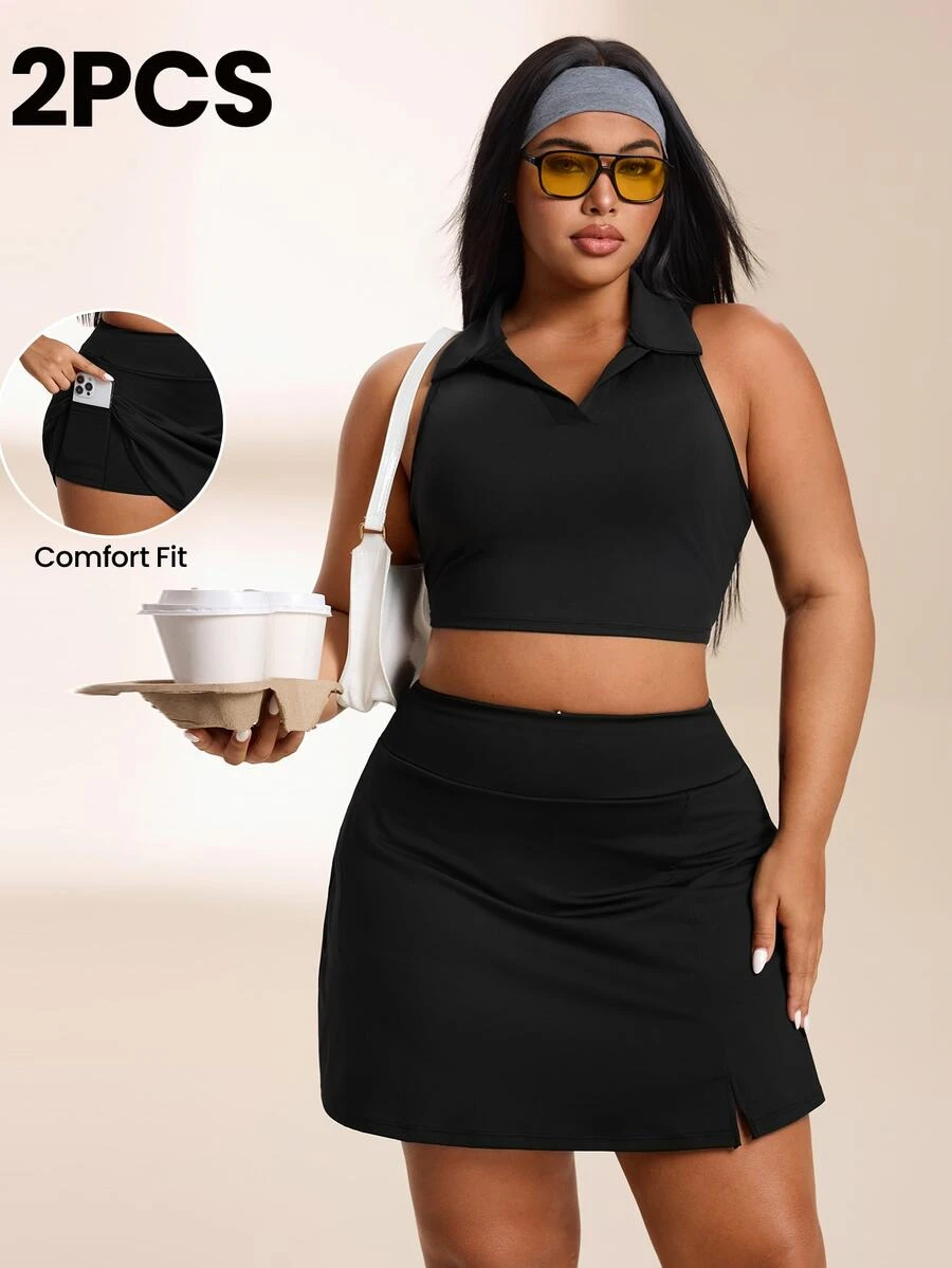 SHEIN Rhythm Era Women's Plus Size Solid Color Cropped Tank Top And Skort Sports Set Gym Active Black Summer - Black - View 1