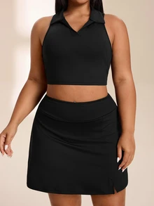 SHEIN Rhythm Era Women's Plus Size Solid Color Cropped Tank Top And Skort Sports Set Gym Active Black Summer - Black - View 6
