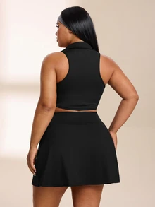 SHEIN Rhythm Era Women's Plus Size Solid Color Cropped Tank Top And Skort Sports Set Gym Active Black Summer - Black - View 2