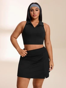 SHEIN Rhythm Era Women's Plus Size Solid Color Cropped Tank Top And Skort Sports Set Gym Active Black Summer - Black - View 5