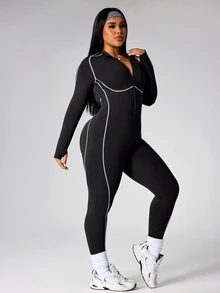 SHEIN Rhythm Era 加大码女式黑色高弹力连体衣，长袖长裤健身套装，拉链露背运动连体衣，适合日常休闲、跑步、瑜伽、健身房、网球、高尔夫等运动。 - 黑色 - 查看 5