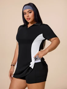 SHEIN Rhythm Era Women's Plus Size Colorblock Patchwork Sports Dress - Black and White - View 2
