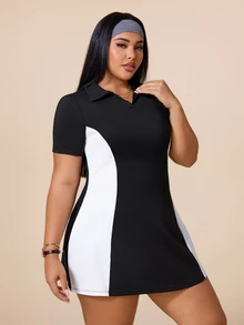 SHEIN Rhythm Era Women's Plus Size Colorblock Patchwork Sports Dress - Black and White - View 6