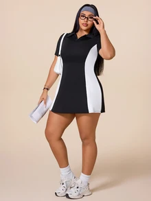 SHEIN Rhythm Era Women's Plus Size Colorblock Patchwork Sports Dress - Black and White - View 3