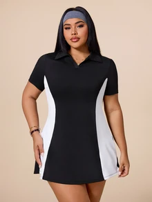 SHEIN Rhythm Era Women's Plus Size Colorblock Patchwork Sports Dress - Black and White - View 4