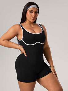Rhythm Era Plus Size Women Seamless Sports Romper Tummy Control Jump Suit,Ribbed Sleeveless Workout Gym Athletic Midsize Summer,Black And White Gym Sports - Black - View 7