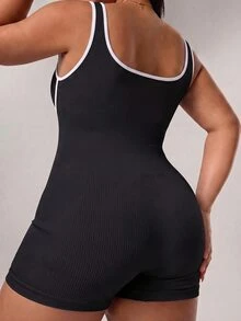 Rhythm Era Plus Size Women Seamless Sports Romper Tummy Control Jump Suit,Ribbed Sleeveless Workout Gym Athletic Midsize Summer,Black And White Gym Sports - Black - View 3