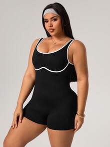 Rhythm Era Plus Size Women Seamless Sports Romper Tummy Control Jump Suit,Ribbed Sleeveless Workout Gym Athletic Midsize Summer,Black And White Gym Sports - Black - View 6
