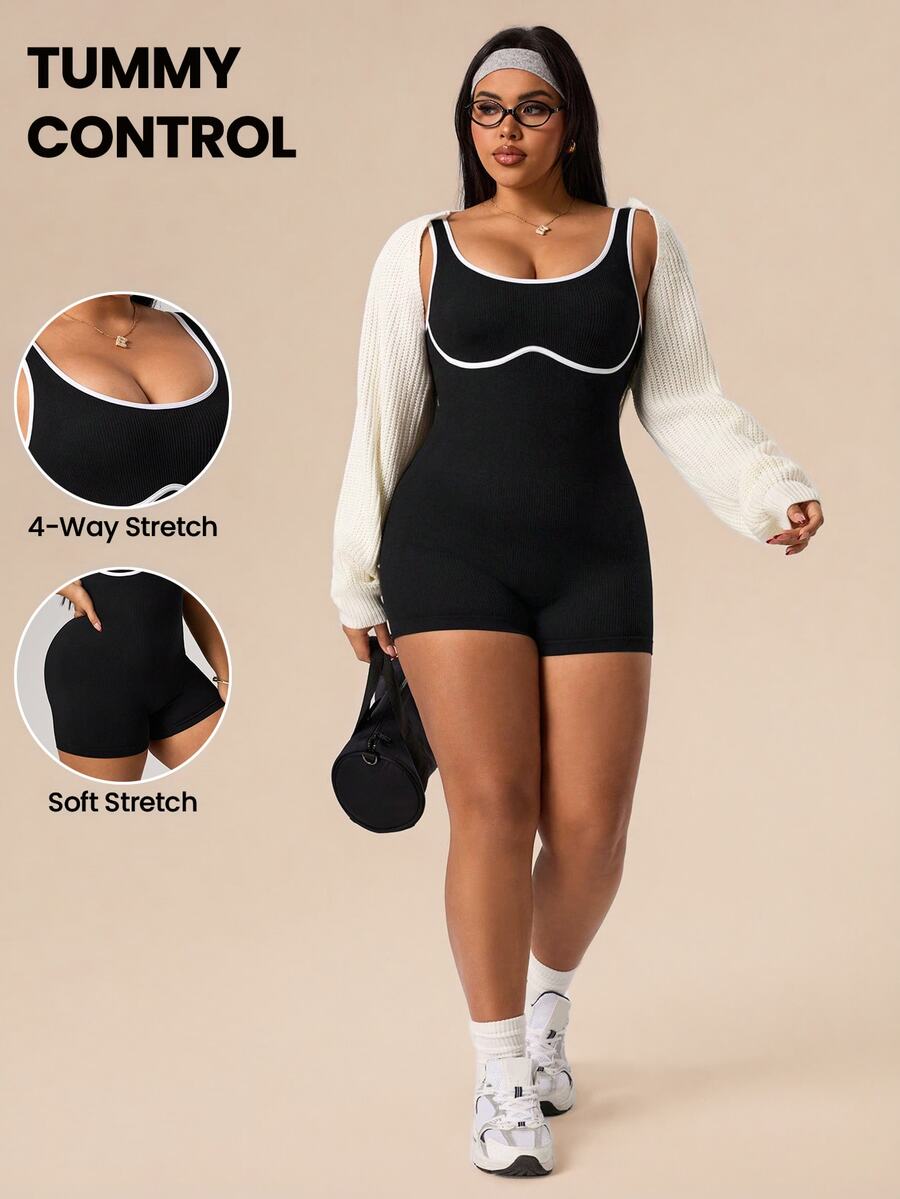 Rhythm Era Plus Size Women Seamless Sports Romper Tummy Control Jump Suit,Ribbed Sleeveless Workout Gym Athletic Midsize Summer,Black And White Gym Sports