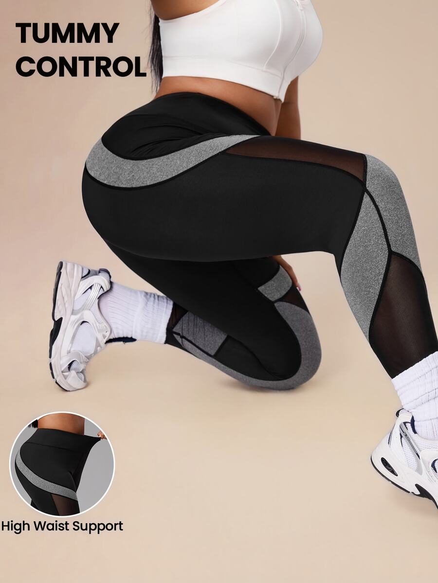 SHEIN Rhythm Era Plus Size Women Patchwork Contrast Color Mesh Sports Leggings Gym Sports Black Summer - Multicolor - View 1