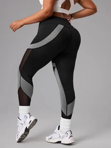 SHEIN Rhythm Era Plus Size Women Patchwork Contrast Color Mesh Sports Leggings Gym Sports Black Summer - Multicolor - View 2
