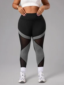 SHEIN Rhythm Era Plus Size Women Patchwork Contrast Color Mesh Sports Leggings Gym Sports Black Summer - Multicolor - View 3