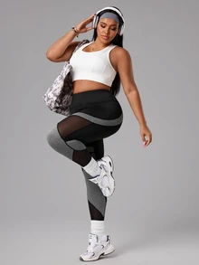 SHEIN Rhythm Era Plus Size Women Patchwork Contrast Color Mesh Sports Leggings Gym Sports Black Summer - Multicolor - View 6