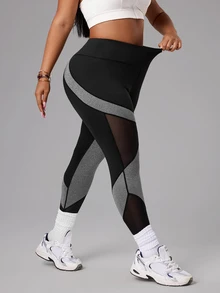 SHEIN Rhythm Era Plus Size Women Patchwork Contrast Color Mesh Sports Leggings Gym Sports Black Summer - Multicolor - View 4