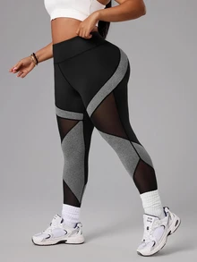 SHEIN Rhythm Era Plus Size Women Patchwork Contrast Color Mesh Sports Leggings Gym Sports Black Summer - Multicolor - View 5