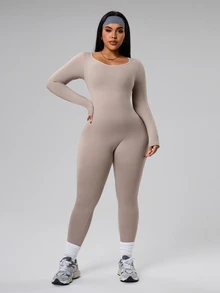 Rhythm Era Mono deportivo sin espalda y con escote en V para mujer de talla grande - Caqui - Ver 4