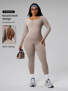 Rhythm Era Mono deportivo sin espalda y con escote en V para mujer de talla grande - Caqui - Ver 2