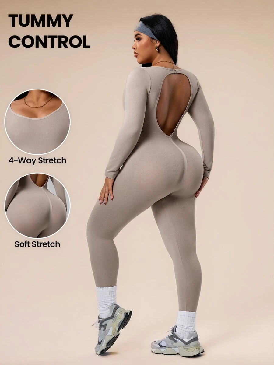 Rhythm Era Mono deportivo sin espalda y con escote en V para mujer de talla grande - Caqui - Ver 1