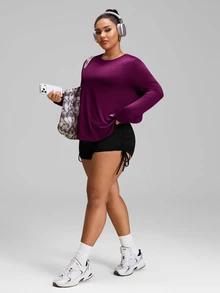 SHEIN Rhythm Era Plus Size Women's Solid Color Casual Fitness Sports Long Sleeve T-Shirt Fall - Bold Plum - View 3