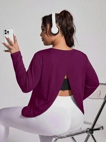 SHEIN Rhythm Era Plus Size Women's Solid Color Casual Fitness Sports Long Sleeve T-Shirt Fall - Bold Plum - View 2