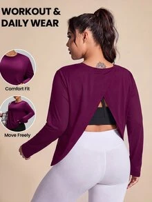 SHEIN Rhythm Era Plus Size Women's Solid Color Casual Fitness Sports Long Sleeve T-Shirt Fall - Bold Plum - View 1