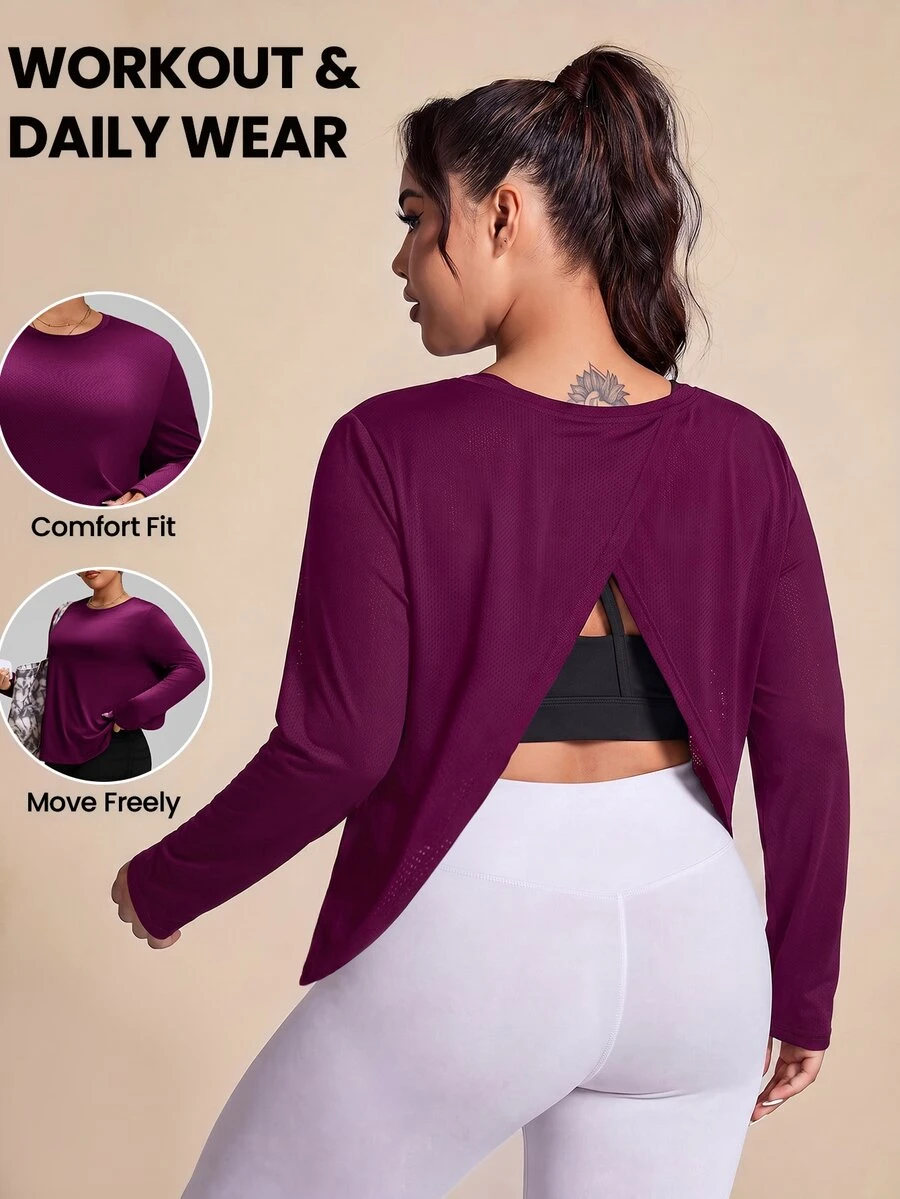 SHEIN Rhythm Era Plus Size Women's Solid Color Casual Fitness Sports Long Sleeve T-Shirt Fall - Bold Plum - View 1