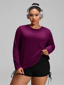 SHEIN Rhythm Era Plus Size Women's Solid Color Casual Fitness Sports Long Sleeve T-Shirt Fall - Bold Plum - View 6