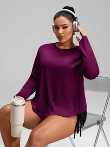 SHEIN Rhythm Era Plus Size Women's Solid Color Casual Fitness Sports Long Sleeve T-Shirt Fall - Bold Plum - View 5