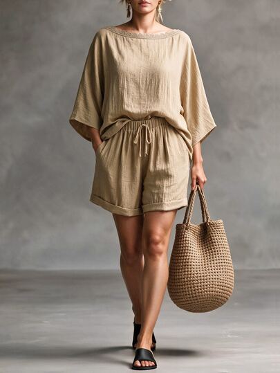 Linhara CURVE Plus Size Women 2 Pieces Casual Summer Set, Round Neck Lace Trim Loose Top And Shorts Set, Khaki Top + Khaki Shorts, Suitable For Commuting, Vacation, Beach, Casual Wear, Spring/Summer Khaki Fashion Set, 2-In-1 Fashion Shorts, High Waist Design Highlights Body Proportions, Slightly Wide Leg Design Elegant And Slimming, Suitable For