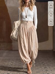 SHEIN New Women's High Waist Loose Lantern Pants, Drapey Flattering Fit, Drawstring Cuffed Hem, Casual Carrot Leg Trousers For Commute And Versatile Wear - Apricot - View 8