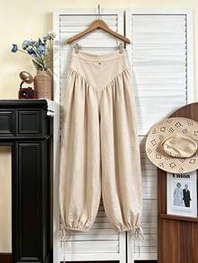 SHEIN New Women's High Waist Loose Lantern Pants, Drapey Flattering Fit, Drawstring Cuffed Hem, Casual Carrot Leg Trousers For Commute And Versatile Wear - Apricot - View 3