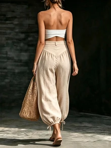 SHEIN New Women's High Waist Loose Lantern Pants, Drapey Flattering Fit, Drawstring Cuffed Hem, Casual Carrot Leg Trousers For Commute And Versatile Wear - Apricot - View 2