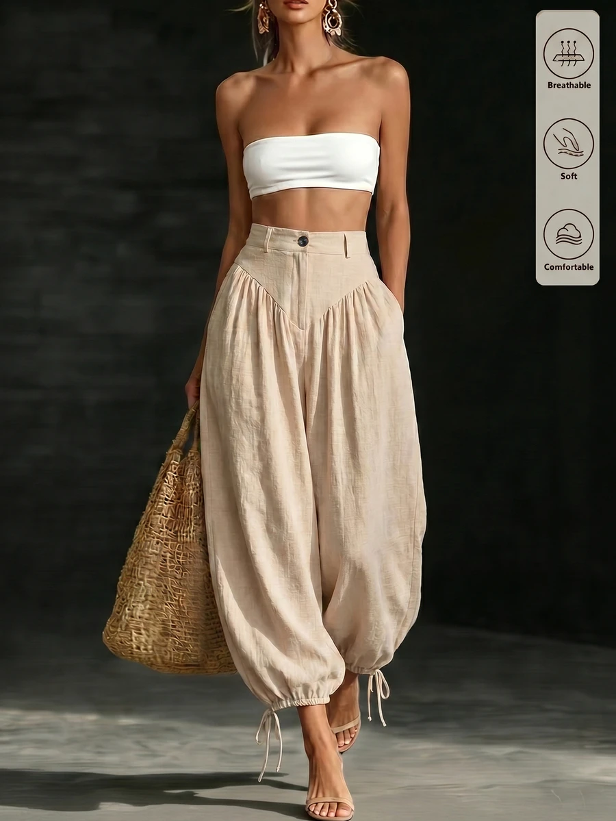 SHEIN New Women's High Waist Loose Lantern Pants, Drapey Flattering Fit, Drawstring Cuffed Hem, Casual Carrot Leg Trousers For Commute And Versatile Wear - Apricot - View 1