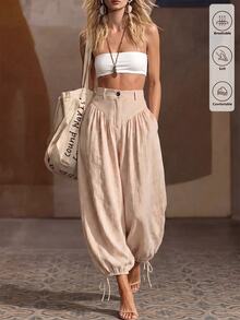 SHEIN New Women's High Waist Loose Lantern Pants, Drapey Flattering Fit, Drawstring Cuffed Hem, Casual Carrot Leg Trousers For Commute And Versatile Wear - Apricot - View 7