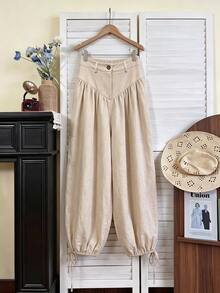 SHEIN New Women's High Waist Loose Lantern Pants, Drapey Flattering Fit, Drawstring Cuffed Hem, Casual Carrot Leg Trousers For Commute And Versatile Wear - Apricot - View 6