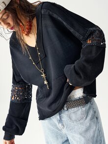 Bohemela Sudadera holgada de mujer con cremallera media y parches de punto lavado de estilo casual - Negro - Ver 6