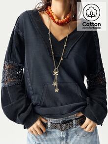 Bohemela Sudadera holgada de mujer con cremallera media y parches de punto lavado de estilo casual - Negro - Ver 1