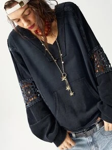 Bohemela Sudadera holgada de mujer con cremallera media y parches de punto lavado de estilo casual - Negro - Ver 2