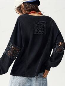 Bohemela Sudadera holgada de mujer con cremallera media y parches de punto lavado de estilo casual - Negro - Ver 8