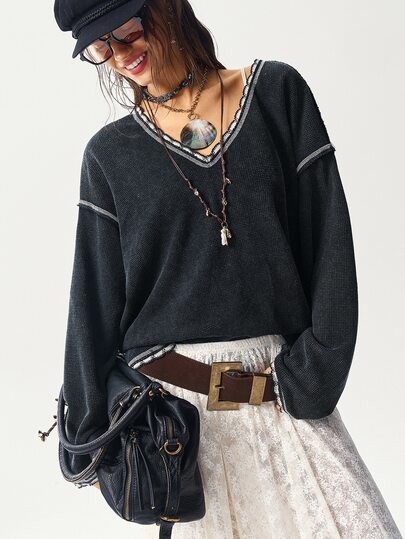 Bohemela 秋冬女士休闲纯色V领长袖宽松水洗卫衣