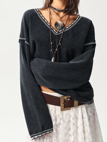 Bohemela 秋冬女士休闲纯色V领长袖宽松水洗卫衣 - 黑色 - 查看 3
