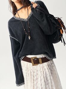 Bohemela 秋冬女士休闲纯色V领长袖宽松水洗卫衣 - 黑色 - 查看 7