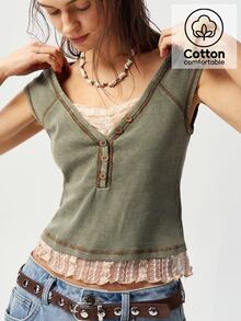 Bohemela Kaos Wanita Slim Fit Rajut Kasual dengan Detail Renda Kontras - MultiWarna - View 1