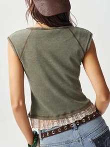 Bohemela Kaos Wanita Slim Fit Rajut Kasual dengan Detail Renda Kontras - MultiWarna - View 8