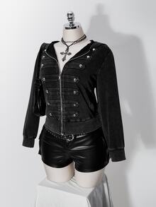 SHEIN ICON 女款大尺碼復古哥德風 Anti Social 性感休閒千禧 Y2K 街頭風做舊水洗雙排扣黑色連帽衛衣 - 黑色 - 查看 5