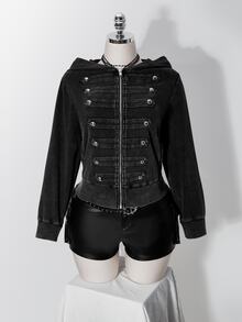 SHEIN ICON 女款大尺碼復古哥德風 Anti Social 性感休閒千禧 Y2K 街頭風做舊水洗雙排扣黑色連帽衛衣 - 黑色 - 查看 12